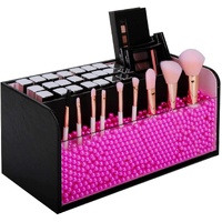 Leather Makeup Brush Cosmetic Organiser Storage Box with Pink Pearls, Acrylic Cover and 3 Compartments(Black)