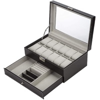 Black Leather Watch Box Jewelry Display Case with Drawers (12 Slots with 2 Layers)