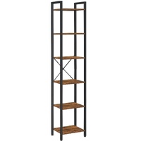 Small 6-Tier Industrial Bookshelf, Rustic Brown, Black