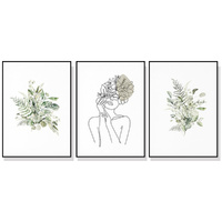 Wall Art 70cmx100cm Botanical Line Girl 3 Sets Black Frame Canvas