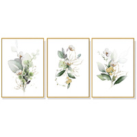 Wall Art 70cmx100cm Green and Gold Watercolor Botanical 3 Sets Gold Frame Canvas