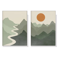 90cmx135cm Sage Green River Mountain 2 Sets White Frame Canvas Wall Art 