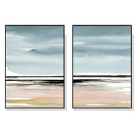 90cmx135cm Pink Beach Landscape 2 Sets Black Frame Canvas Wall Art 