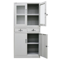 4-Door Lockable Steel Stationery Storage Cabinet, Display Windows, 2 Drawers, Grey