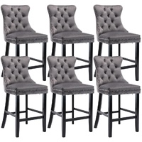 6X Velvet Bar Stools with Studs Trim Wooden Legs Tufted Dining Chairs Kitchen