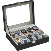 Watch Box for 10 Watches with Glass Lid and Removable Watch Pillows Black Synthetic Leather Grey Lining