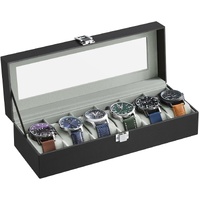 Watch Box for 6 Watches with Glass Lid and Removable Watch Pillows Black Synthetic Leather Grey Lining