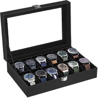 12-Slot Watch Box with Large Glass Lid and Removable Watch Pillows Black Lining