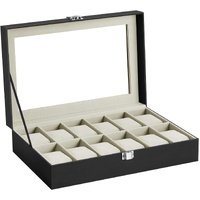 12 Slots Watch Box with Glass Lid and Removable Watch Pillows Beige Lining