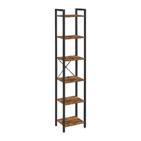 Narrow Bookcase Small 6-Tiers Bookshelf Industrial Rustic Brown and Black