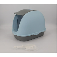 Portable Hooded Cat Toilet Litter Box Tray House with Handle and Scoop Blue