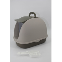 Portable Hooded Cat Toilet Litter Box Tray House with Scoop and Grid Tray Brown