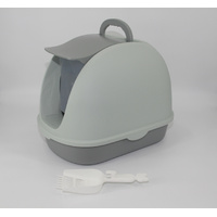 Portable Hooded Cat Toilet Litter Box Tray House with Handle and Scoop Grey