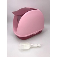 Portable Hooded Cat Toilet Litter Box Tray House with Handle and Scoop Pink