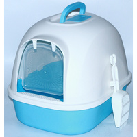 Portable Hooded Cat Toilet Litter Box Tray House with Handle and Scoop Blue