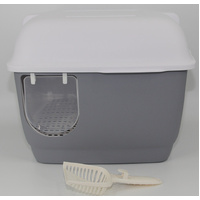 XL Portable Hooded Cat Toilet Litter Box Tray House with Handle and Scoop Grey