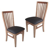 2pc Set Dining Chair PU Leather Seat Slat Back Solid Oak Timber Wood