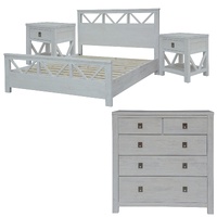 4pc Double Bed Suite Bedside Tallboy Bedroom Furniture Package White Wash