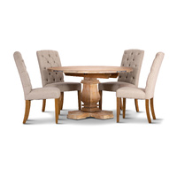 Gloriosa 5pc Dining Set 135cm Round Table 4 Beige Chair Mango Wood - Honey Wash