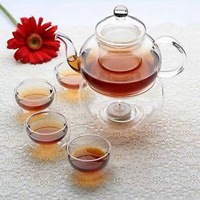 1 Set of Gongfu Chinese Ceremony Tea Set - 6 Glass cups with Infuser and Tealight Candle Pot Warmer