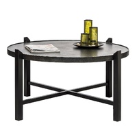 Modern Black Round Coffee Table with Silver Finish Engraved Top