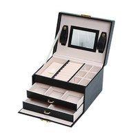 Jewellery Box With Mirror Double Drawers Organizer Storage Lock Case(Black)