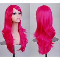 70cm Wavy Curly Sleek Full Hair Lady Wigs w Side Bangs Cosplay Costume Womens, Hot Pink