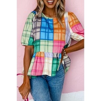 Azura Exchange Bold Plaid Color Block Puff Sleeve Peplum Top - M