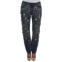 Blue Wash Crystal Heart Roses Embellished Enchanted Sicily Boyfriend Jeans 38 IT Women