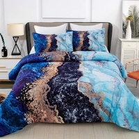 Blue Marble Comforter Set, King Size, Retro Watercolor 3-Piece Bedding Collection