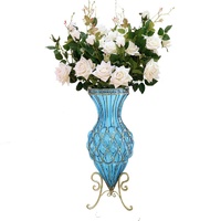 67cm Blue Glass Tall Floor Vase and 12pcs White Artificial Fake Flower Set