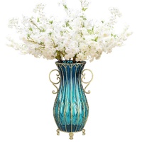 51cm Blue Glass Tall Floor Vase and 10pcs White Artificial Fake Flower Set