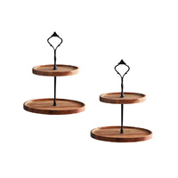 2X 15cm 2 Tier  Brown Round Wooden Acacia Dessert Tray Cake Snacks Cupcake Stand Buffet Serving Countertop Decor