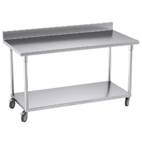 150cm Commercial Catering Kitchen Stainless Steel Prep Work Bench Table with Backsplash and Caster Wheels