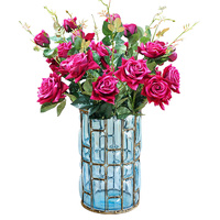  Blue Glass Cylinder Flower Vase with 8 Bunch 5 Heads Artificial Fake Silk Rose Home Decor Set