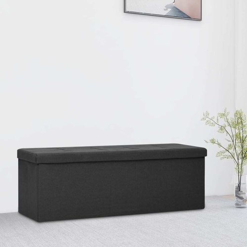 Folding Storage Bench Black Faux Linen