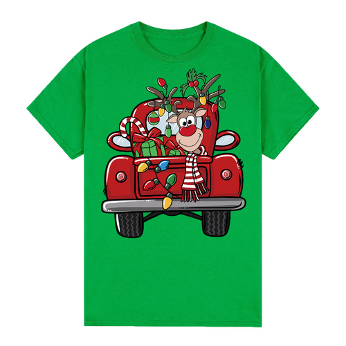 100% Cotton Christmas T-shirt Adult Unisex Tee Tops Funny Santa Party Custume, Car with Reindeer (Green)