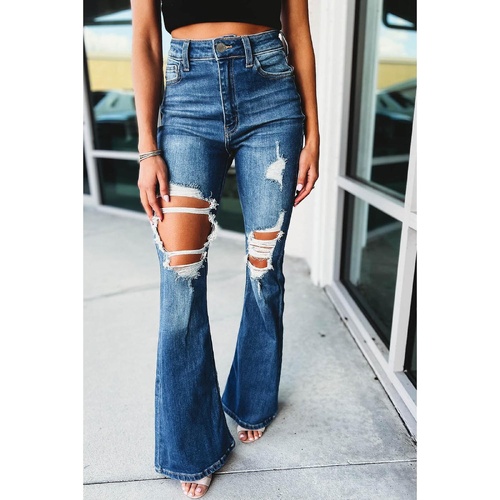 Azura Exchange Distressed Cutout Flare Leg Jeans