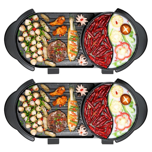 2X 2  in 1 Electric Non-Stick BBQ Teppanyaki Grill Plate Steamboat Hotpot 2-8 Person