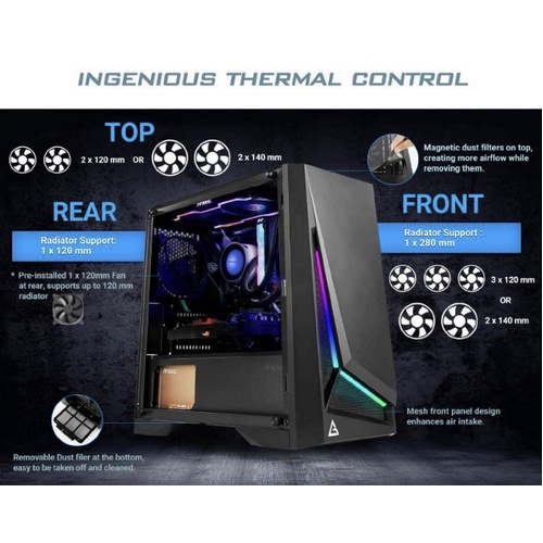 ANTEC DP301M mATX, ARGB Front LED, Tempered Glass Side, Up to 6x 120mm Fans, Dust Filter, Gaming Case. s