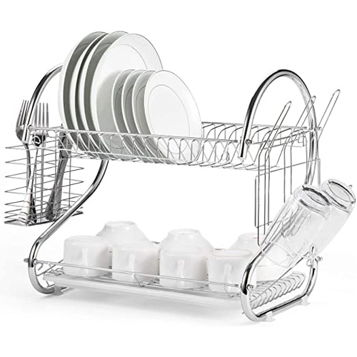 2 Tier Dish Rack with Drain Board for Kitchen Counter and Plated Chrome Dish Dryer Silver 42 x 25,5 x 38 cm