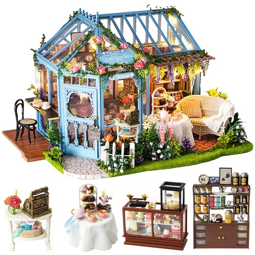 Dollhouse Miniature with Furniture Kit Plus Dust Proof and Music Movement - Rosa Garden Tea