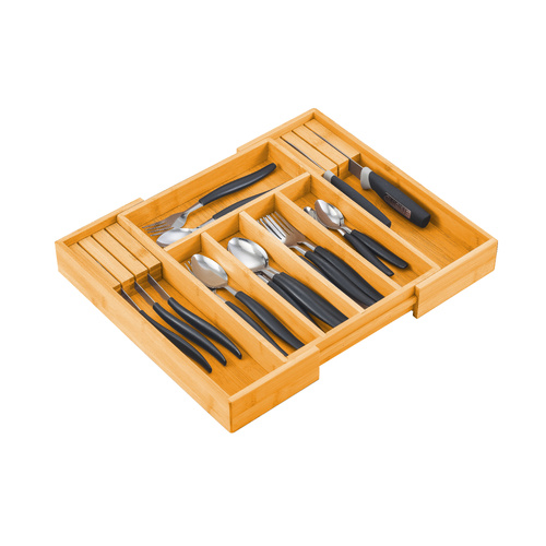 Large Capacity Bamboo Expandable Drawer Organizer with Knife Block Holder for Home Kitchen Utensils