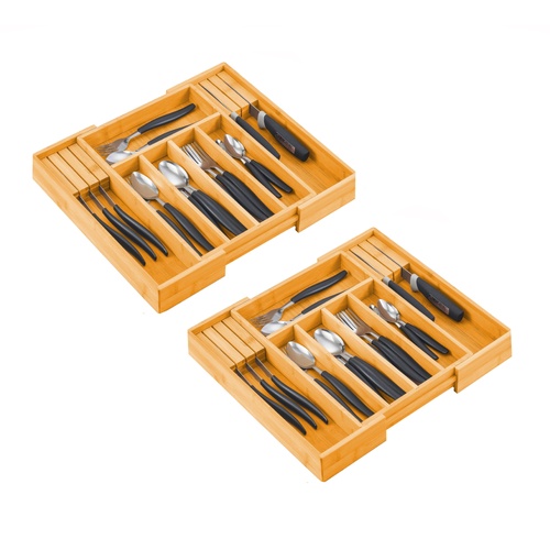 2 Pack Large Capacity Bamboo Expandable Drawer Organizer with Knife Block Holder for Home Kitchen Utensils