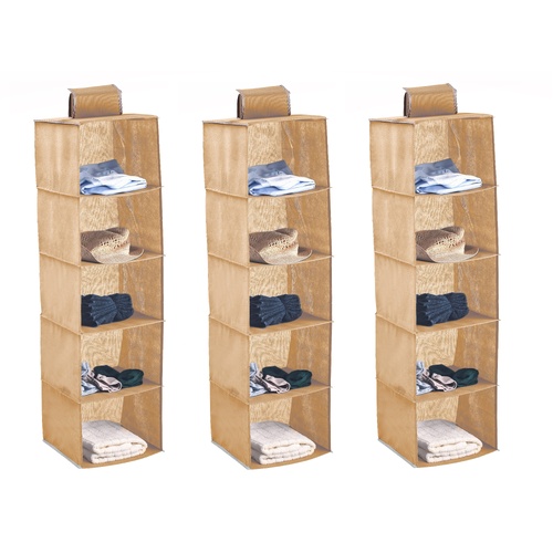 3 Pack 5-Tier Shelf Hanging Closet Organizer and Storage for Clothes (Beige)