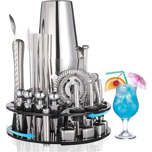 19 Pieces Cocktail Shaker Set Bartender Kit with Rotating 360 Display Stand and Professional Bar Set Tools