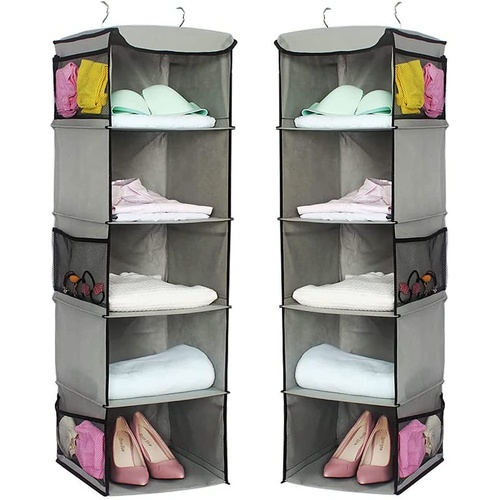 2 Pack 5 Foldable Shelf Hanging Closet Organizer Space Saver with Side Accessories Pockets for Clothes Storage