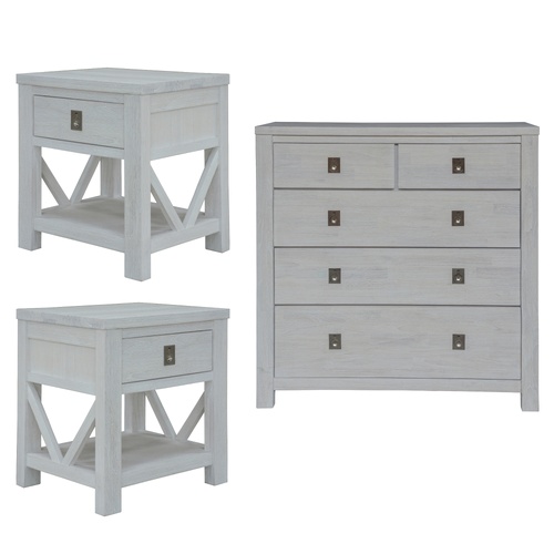 3pc Set 2 Bedside Tallboy Storage Cabinet Side End Table White Wash